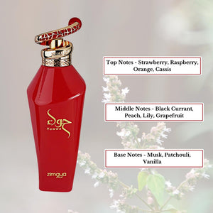 Red perfume bottle with gold cap on a light gray background, featuring product details.