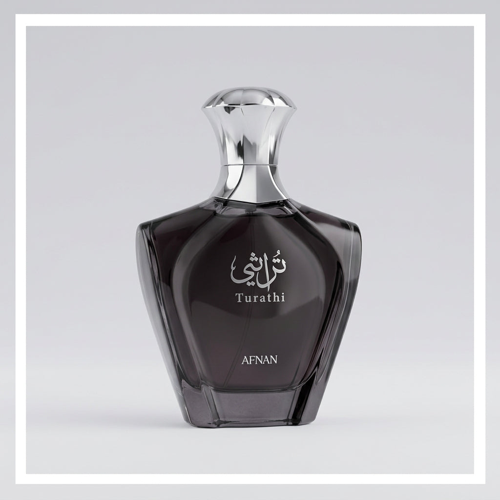 A perfume bottle labeled 'Tartilli' and 'AROM' is shown against dark burgundy rose petals, with a three-panel note graphic below listing top notes (cardamom, black pepper, red fruits), middle notes (pineapple, jasmine), and base notes (vanilla, moss, patchouli).
