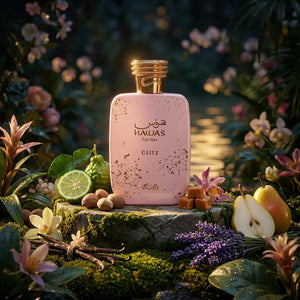 Pink HAWAS perfume bottle with gold cap surrounded by flowers and fruits on a natural background