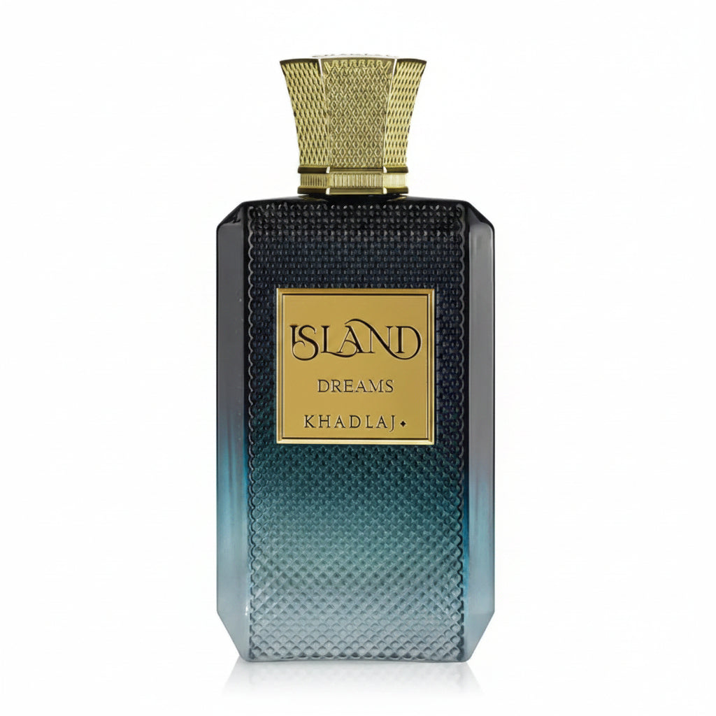 Perfume bottle labeled 'Island Dreams Khadlaj' with a gradient design.