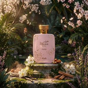 Pink perfume bottle with gold cap on a stone pedestal in a garden setting with flowers and plants.