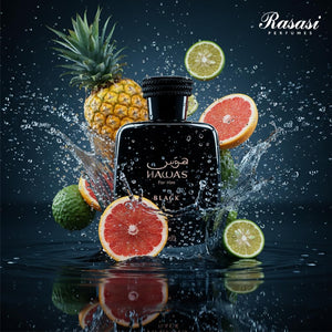 Rasasi perfume bottle surrounded by fruits with water splashes on a dark background