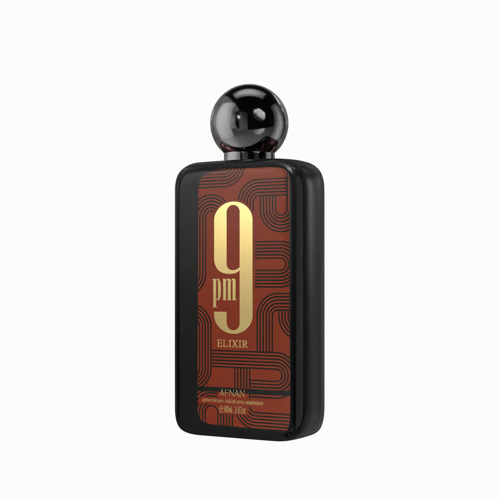 Perfume bottle with brown and gold label on a white background
