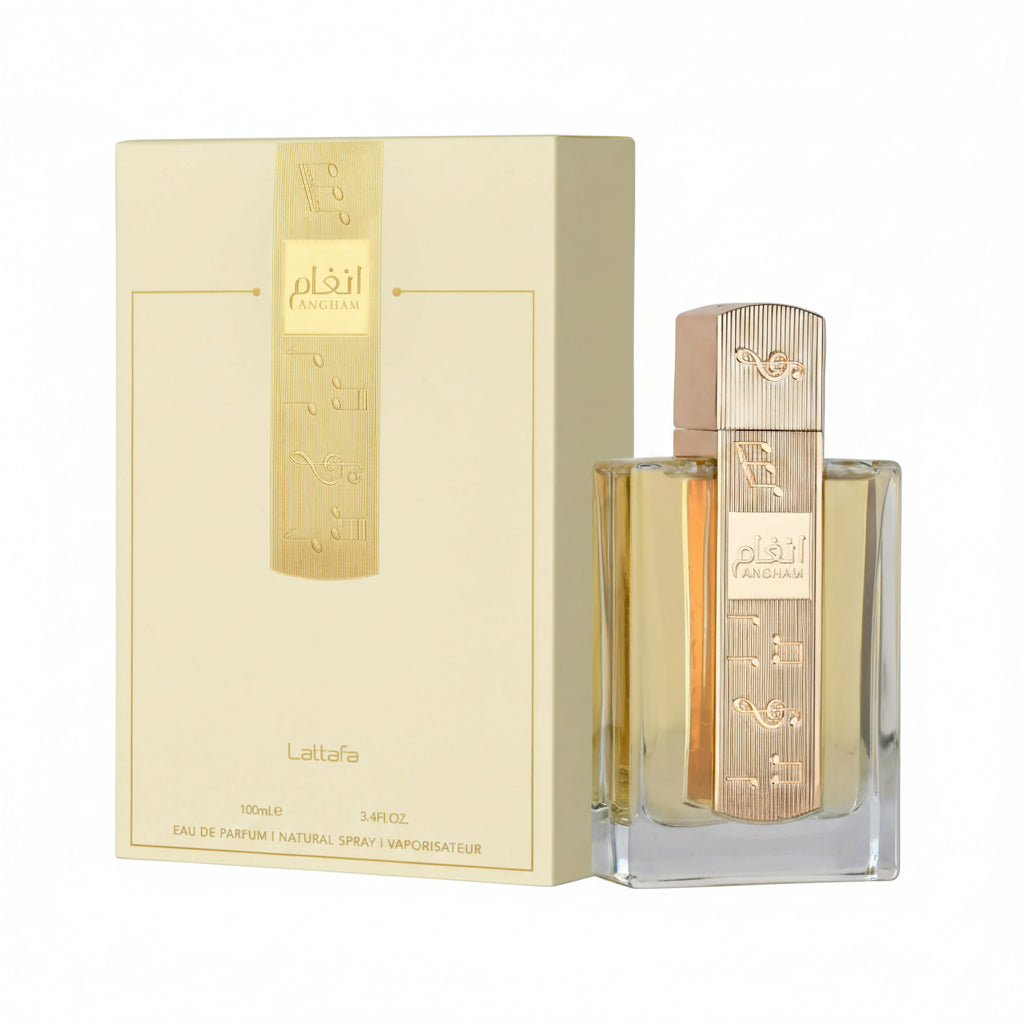 Lattafa perfume bottle and packaging on a white background