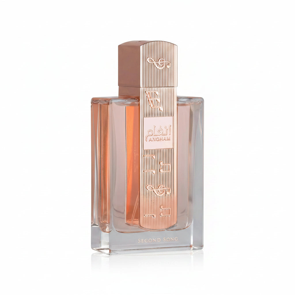 Perfume bottle with a rose gold cap and clear body on a white background