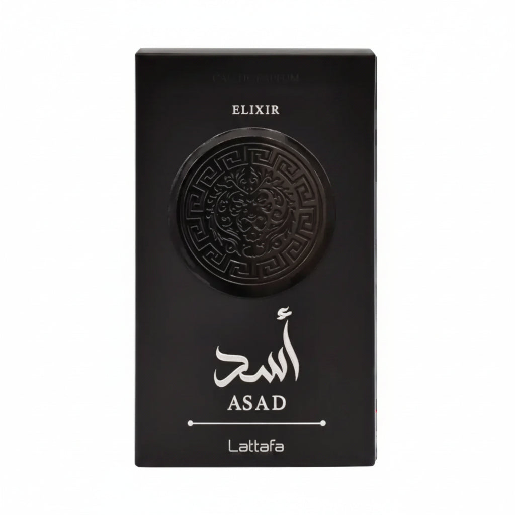 Black packaging of Elixir Asad by Lattafa on a white background