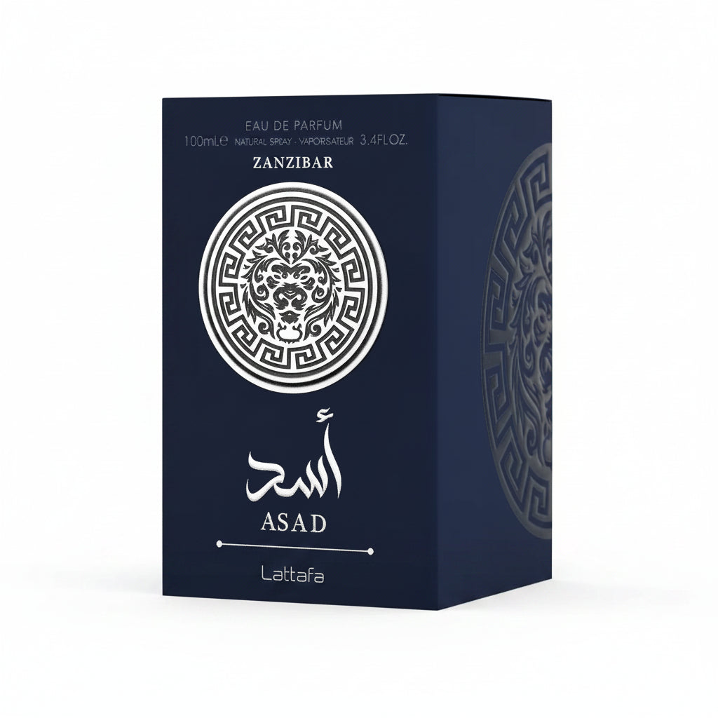 Perfume box labeled 'Zanzibar Asad' by Lattafa on a white background