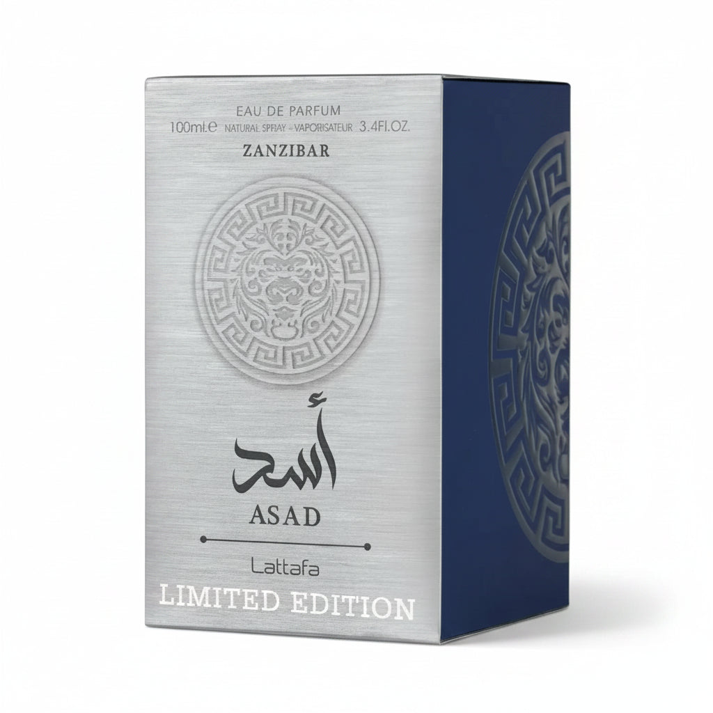 Lattaafa Asad Zanzibar perfume box on a white background