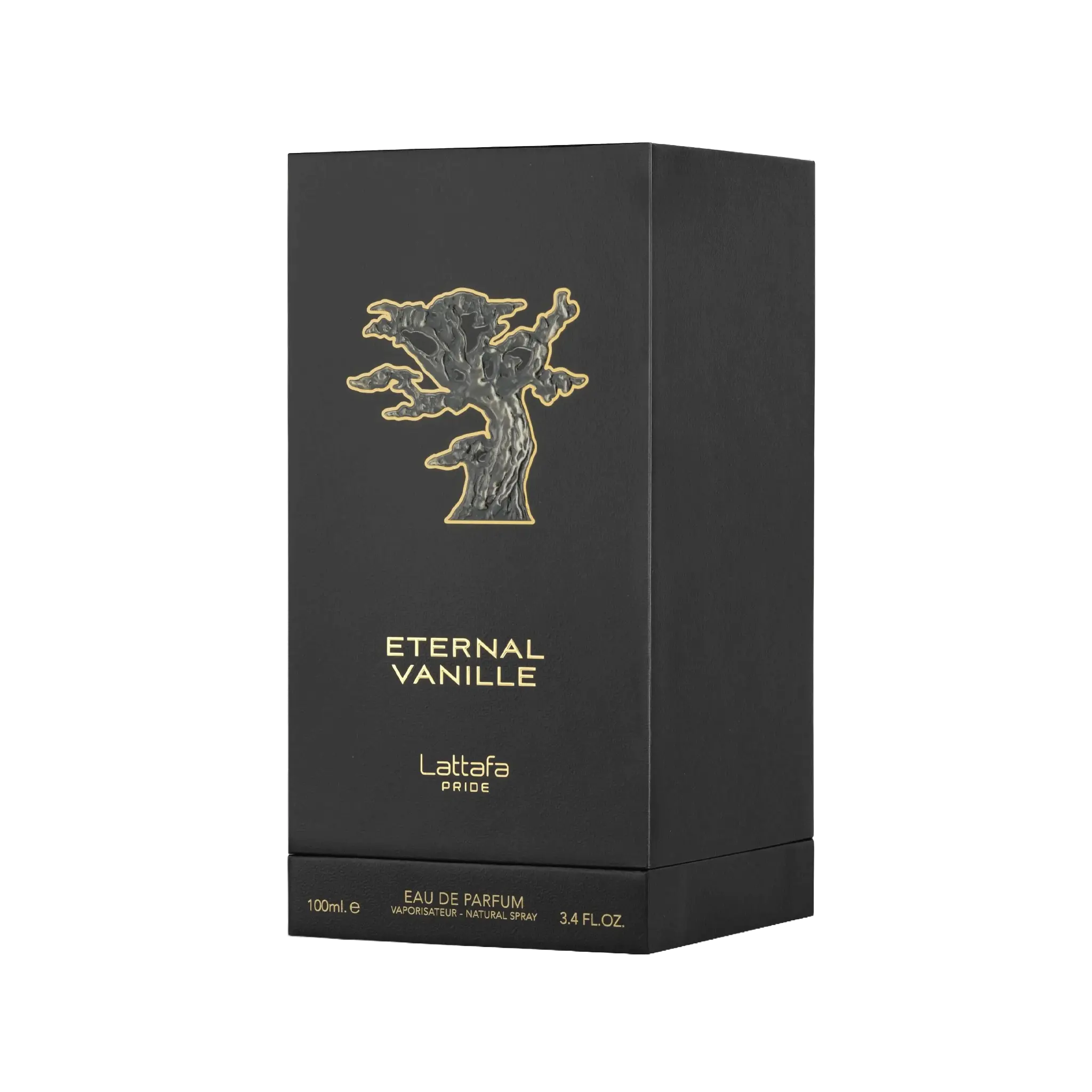 Black box of Lattafa Eternal Vanille perfume on a white background