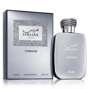 Hawas Chrome perfume bottle and packaging on a white background