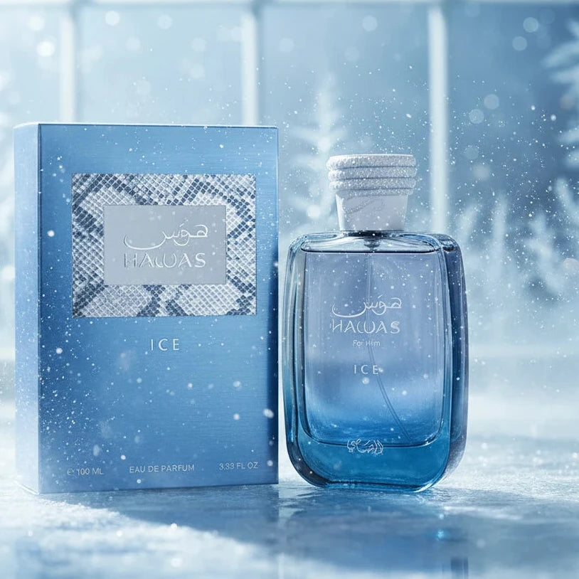 : Hawas Ice perfume box with apple, cardamom and musk notes