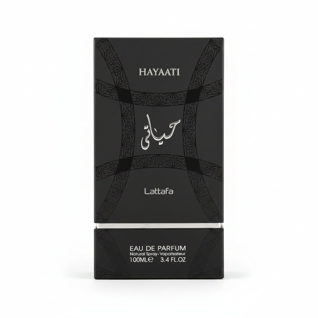 Hayaati Black perfume with nutmeg, incense and cedar notes
