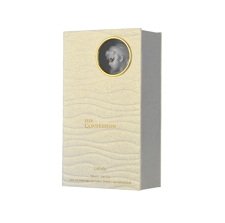 Perfume box labeled 'Her Confession' with a portrait on a white background