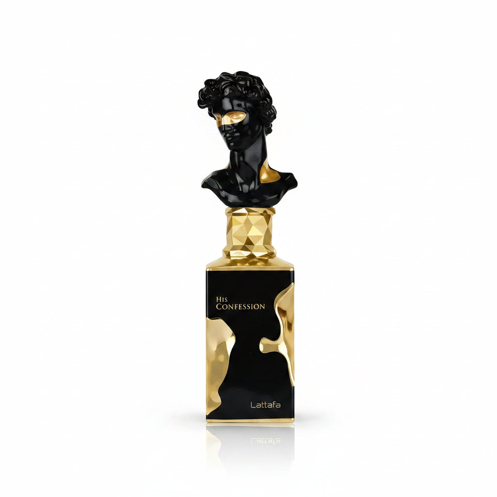 Perfume bottle with a black bust on top labeled 'His Confession' by Lattafa.