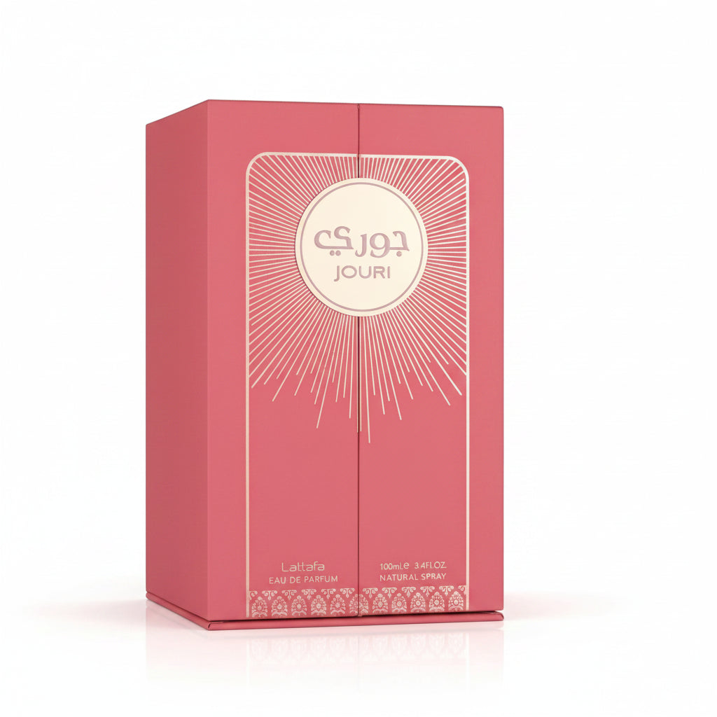 Lattafa Jouri perfume box packaging with pitaya and peony notes