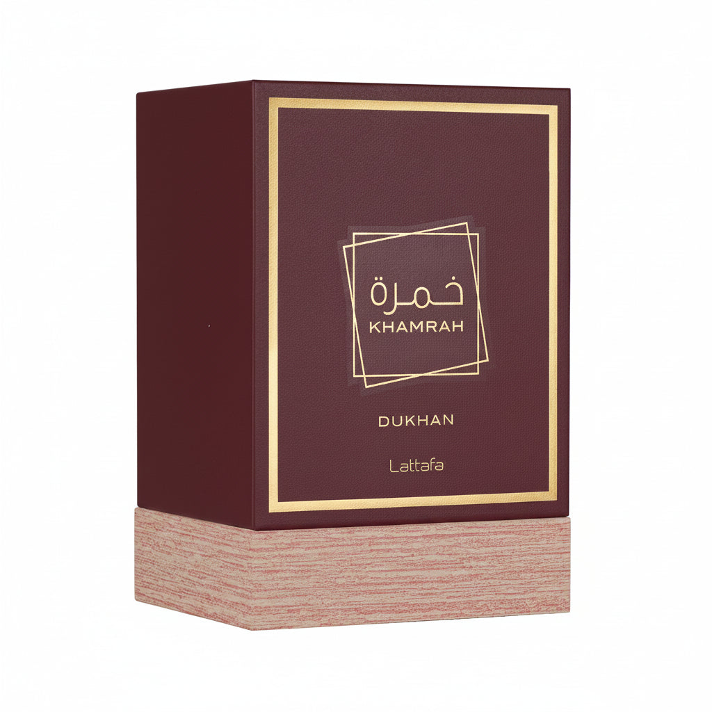 Khamrah Dukhan perfume with tobacco, amber and praline notes