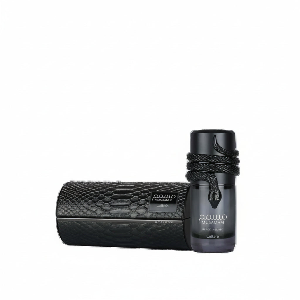 : Musamam Black perfume with saffron, cedar and amberwood notes