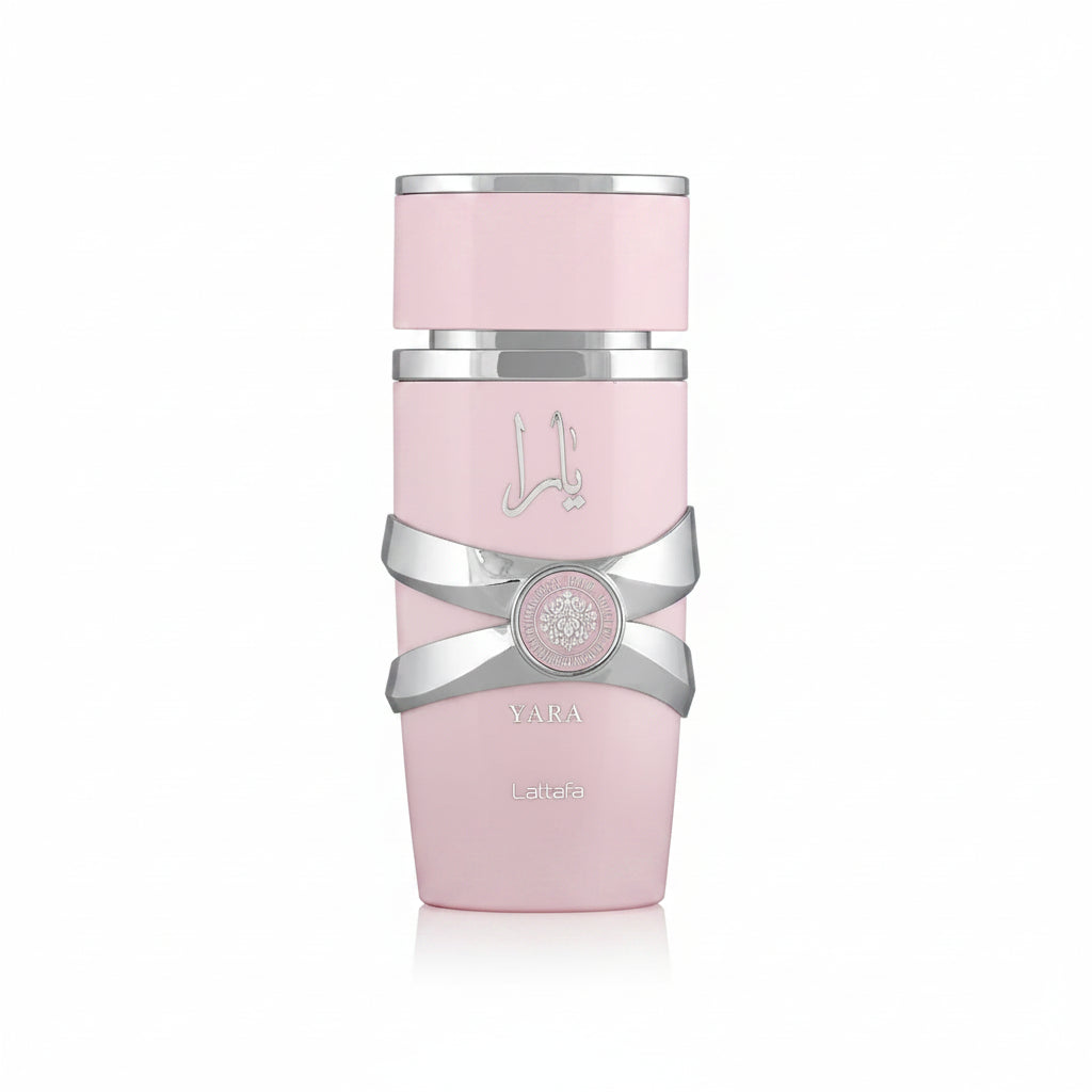 Pink bottle with silver accents on a white background