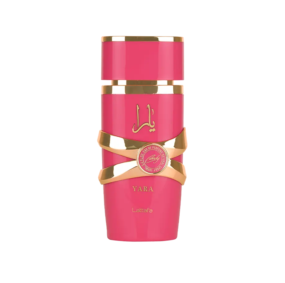 Pink and gold bottle with 'Yara' branding on a white background