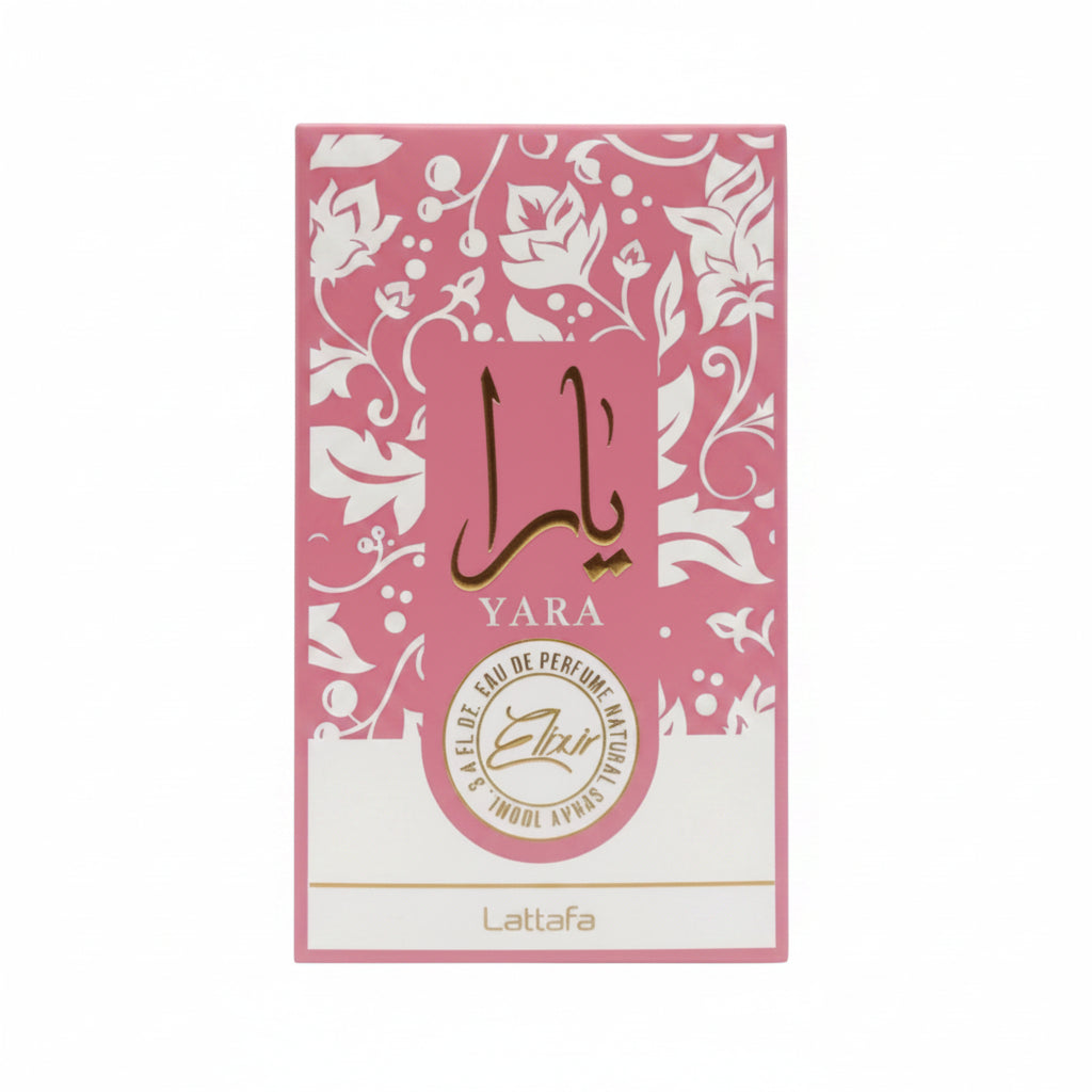 Pink Lataafa Yara perfume packaging with floral designs on a white background