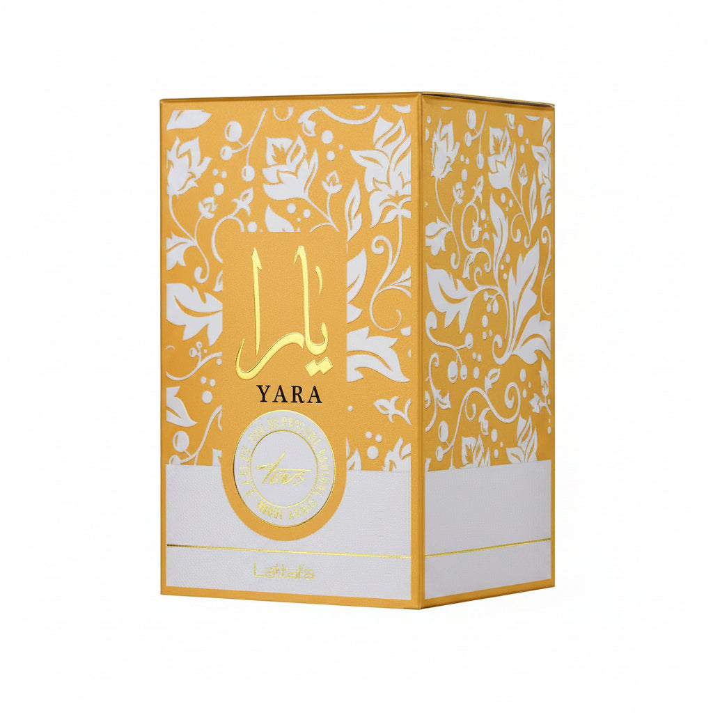 Yara perfume box with decorative design on a white background