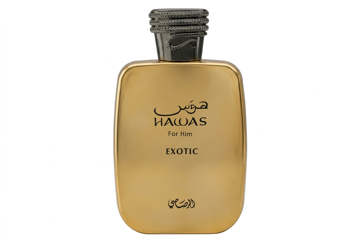 Perfume bottle labeled 'Hawas for Him Exotic' on a white background
