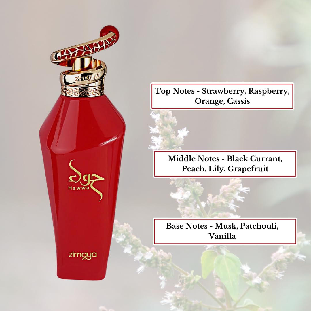 Red perfume bottle with gold cap on a light gray background, featuring product details.