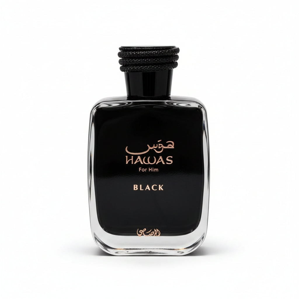 Perfume bottle labeled 'Hawas for Him Black' on a white background