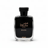 Perfume bottle labeled 'Hawas for Him Black' on a white background