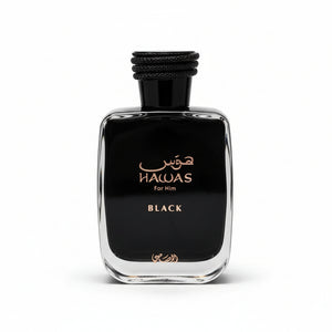 Perfume bottle labeled 'Hawas for Him Black' on a white background