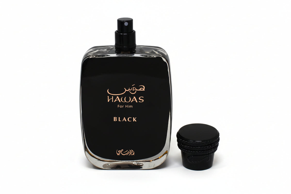 Perfume bottle labeled 'Hawas for Him Black' on a white background