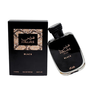 Hawas Black perfume bottle and packaging on a white background
