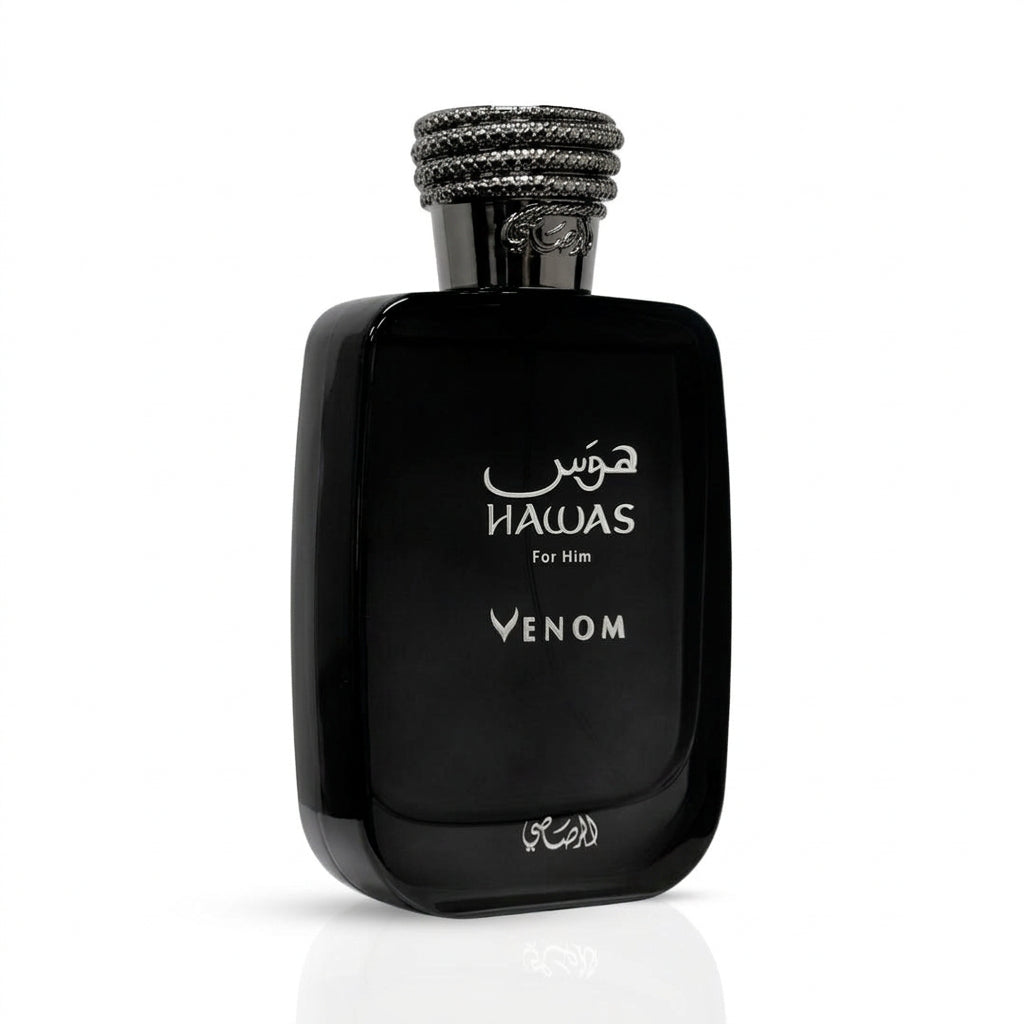 A dark brown glass bottle of HAWAS Venom For Him fragrance, featuring a textured black cap and white lettering, set against a plain white background with a subtle reflection.