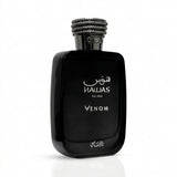 A dark brown glass bottle of HAWAS Venom For Him fragrance, featuring a textured black cap and white lettering, set against a plain white background with a subtle reflection.