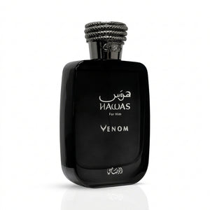 A dark brown glass bottle of HAWAS Venom For Him fragrance, featuring a textured black cap and white lettering, set against a plain white background with a subtle reflection.