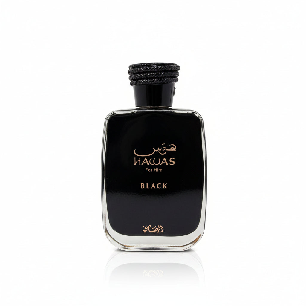 Hawas Black perfume bottle and packaging on a white background