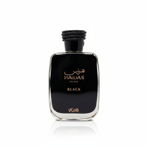 Hawas Black perfume bottle and packaging on a white background