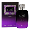 A bottle of Nawas Reina Eau de Parfum next to its packaging box. The perfume bottle is dark purple with a silver cap, and the box features a black and purple gradient with a patterned purple label.