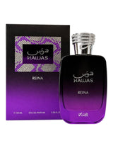 A bottle of Nawas Reina Eau de Parfum next to its packaging box. The perfume bottle is dark purple with a silver cap, and the box features a black and purple gradient with a patterned purple label.