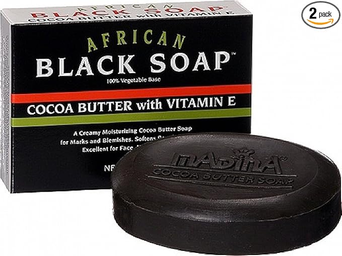 Madina African Black Soap with Cocoa Butter & Vitamin E 3.5 oz (Pack of 2) – Acne & Blemish Care Bar Soap