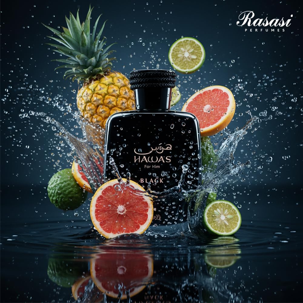 Rasasi perfume bottle surrounded by fruits with water splashes on a dark background