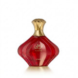 A red perfume bottle with a gold cap, featuring Arabic calligraphy and the brand name AFNAN on a clean white background.