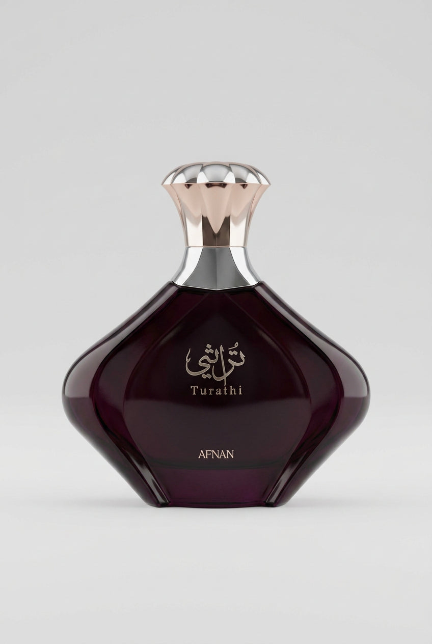 Afnan Turathi perfume bottle on a colorful geometric background