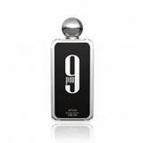 Perfume bottle with black label and silver cap on a white background