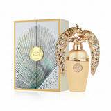 Decorative perfume bottle with peacock design and matching box on a white background