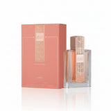 Perfume bottle and packaging with a coral color scheme on a white background