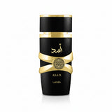 Black and gold perfume bottle with 'ASAD' branding on a white background