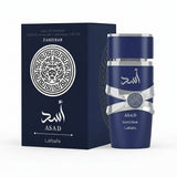 Blue perfume bottle and packaging with 'ASAD' branding on a white background