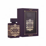 Perfume bottle and packaging with intricate designs on a white background