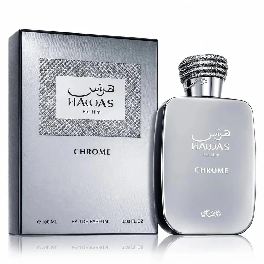 Hawas Chrome perfume bottle and packaging on a white background